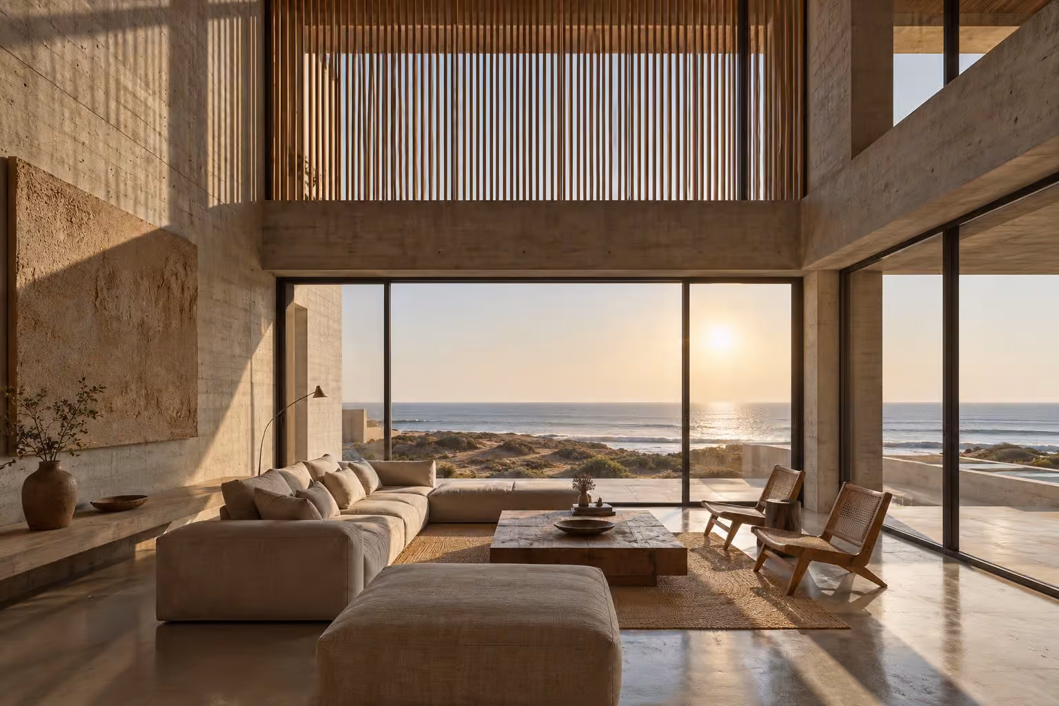 Sala de doble altura con muros de concreto y ventanal al mar