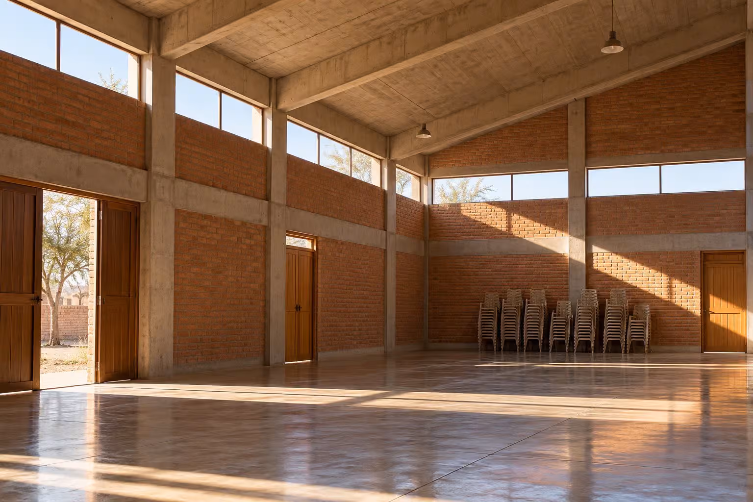 Salón de usos múltiples con muros de ladrillo caravista