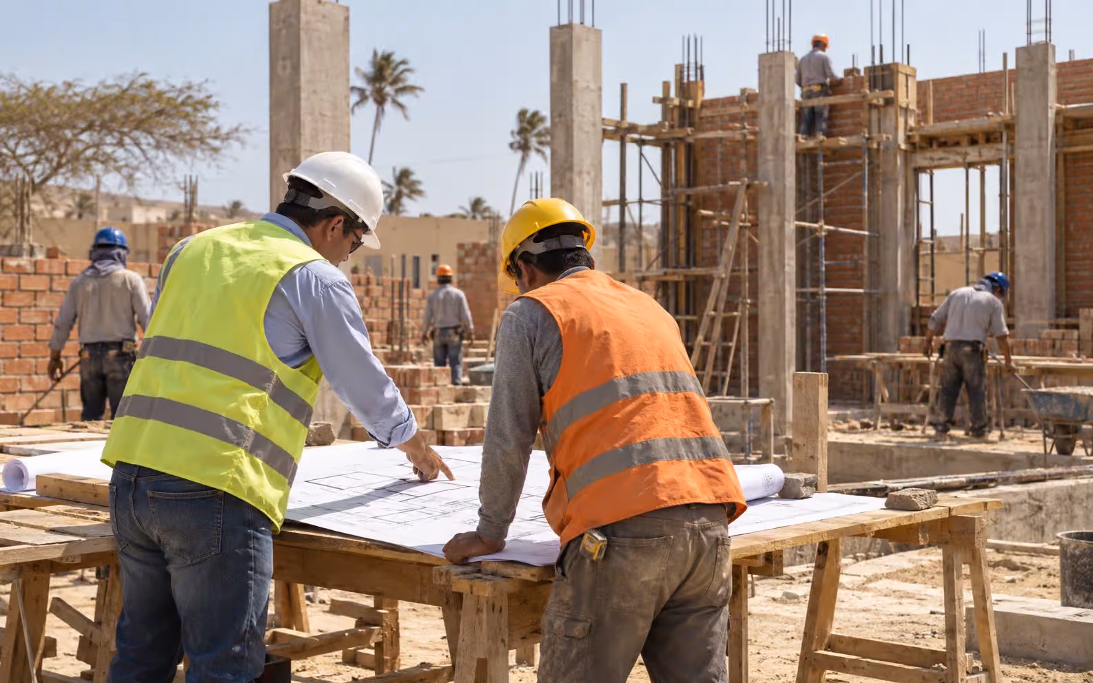 Arquitecto y maestro de obra revisando un plano en obra