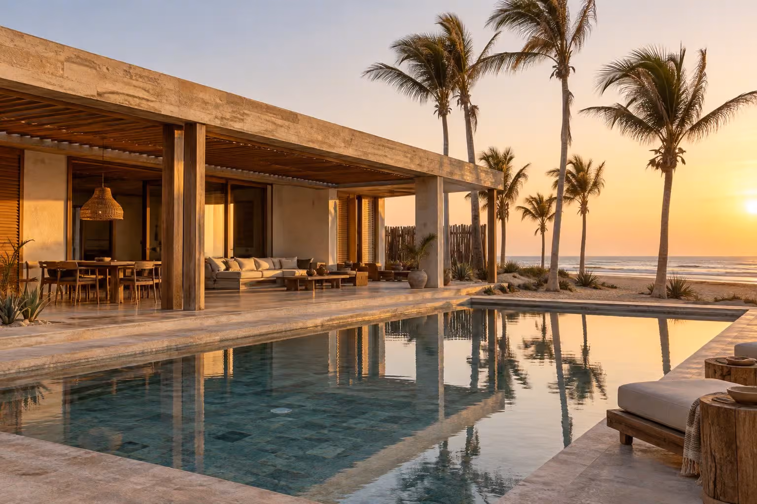 Pabellón de concreto y madera reflejado en una piscina rectangular