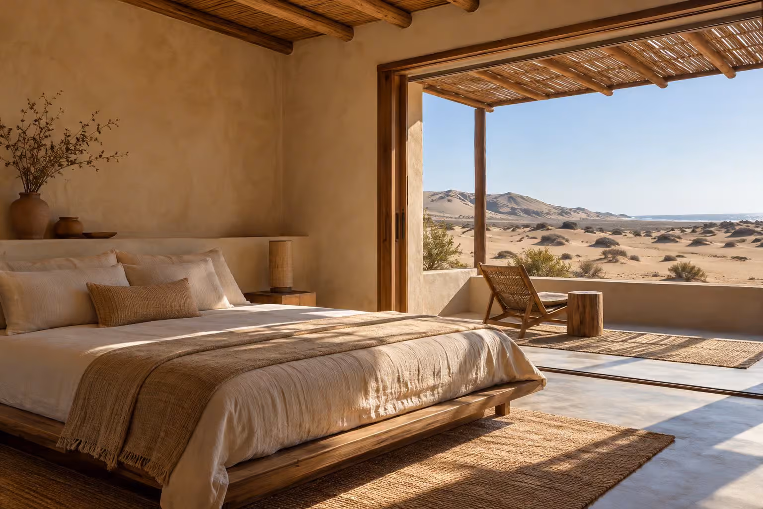 Habitación con techo de vigas de madera y terraza