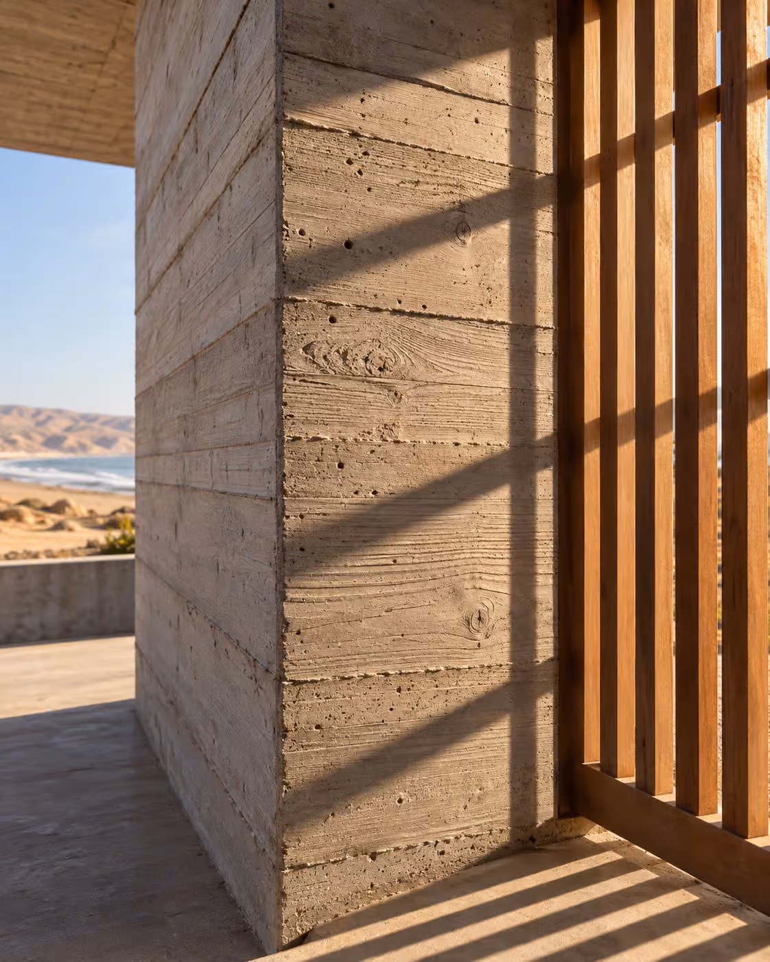 Esquina de concreto caravista con sombras de una celosía de madera