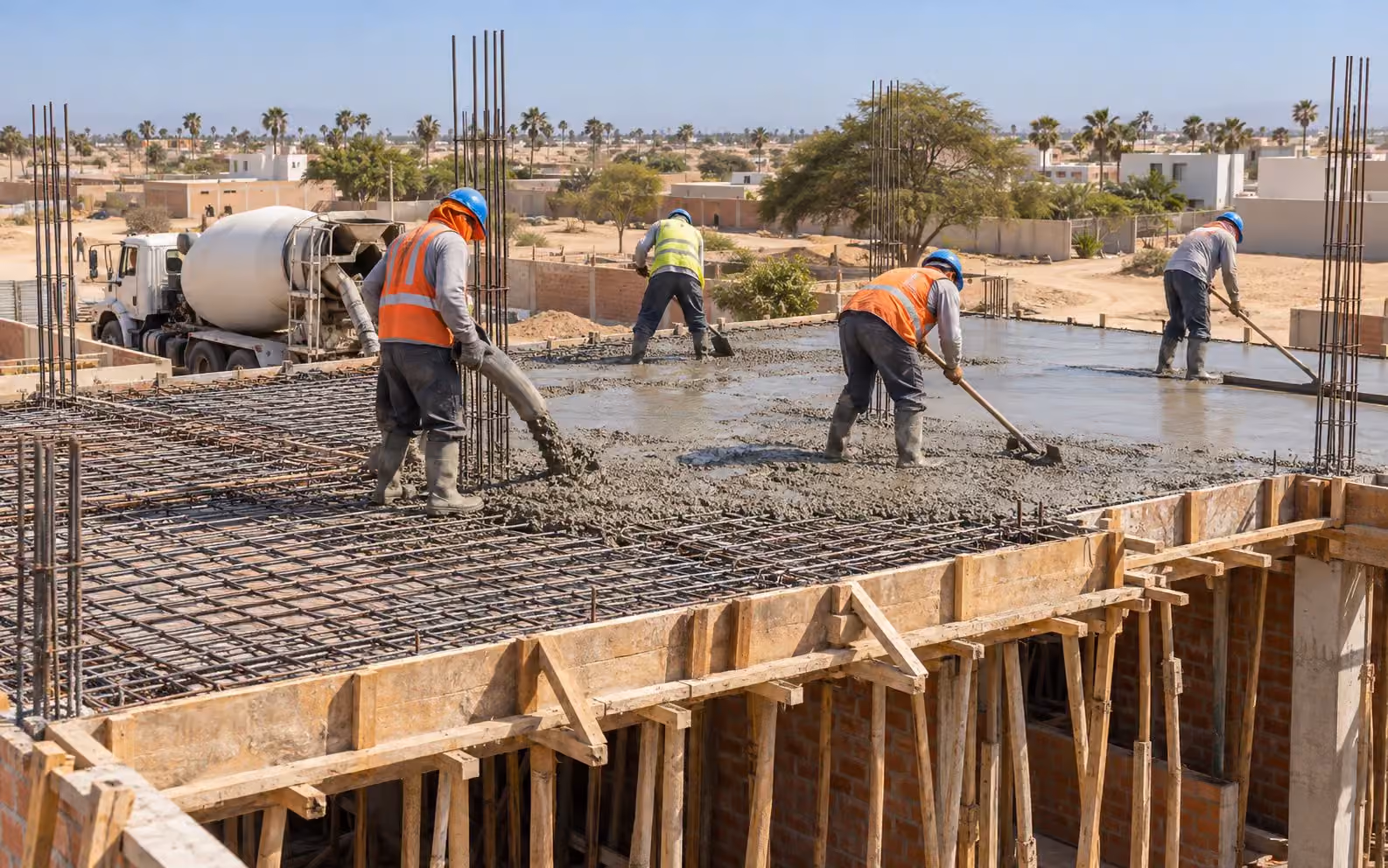 Cuadrilla vaciando una losa de concreto