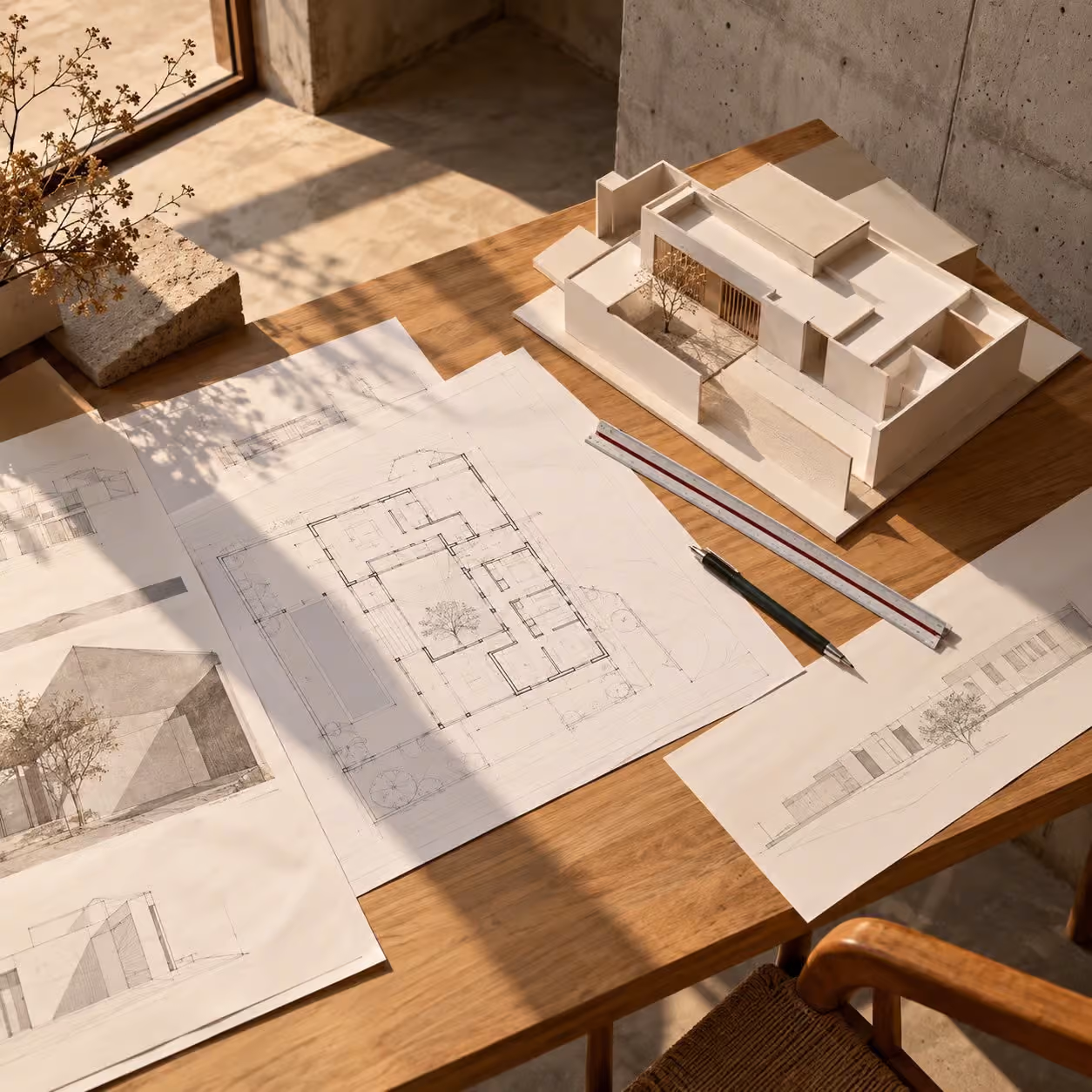 Planos y maqueta de una casa sobre la mesa de trabajo