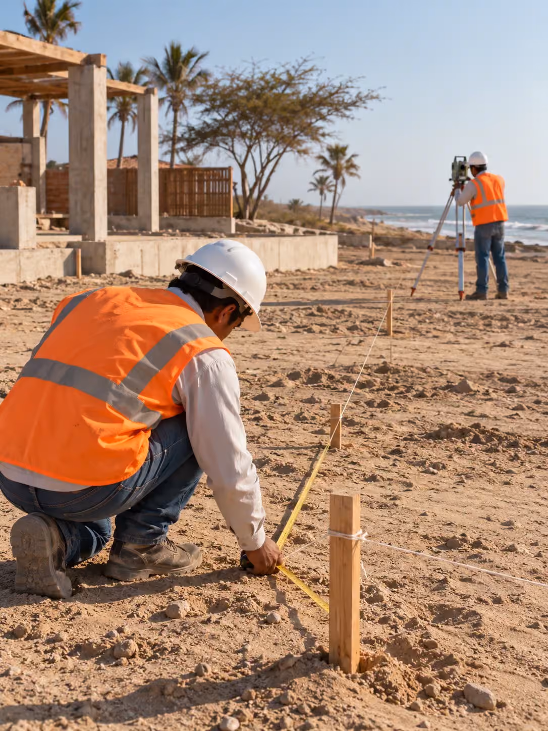 Arquitecto midiendo un terreno con estacas y wincha